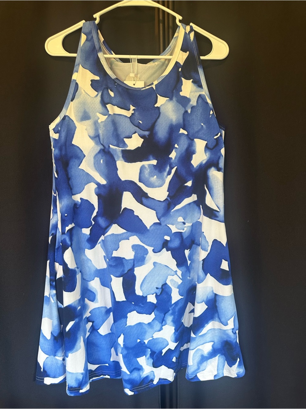 NWT AUSELILY Blue Watercolor Print Sleeveless Swing Dress Size M